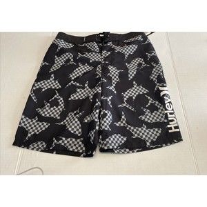 New Hurley Boys Shark  Black Checkered  Board Shorts Size 14/27 Inseam 8”